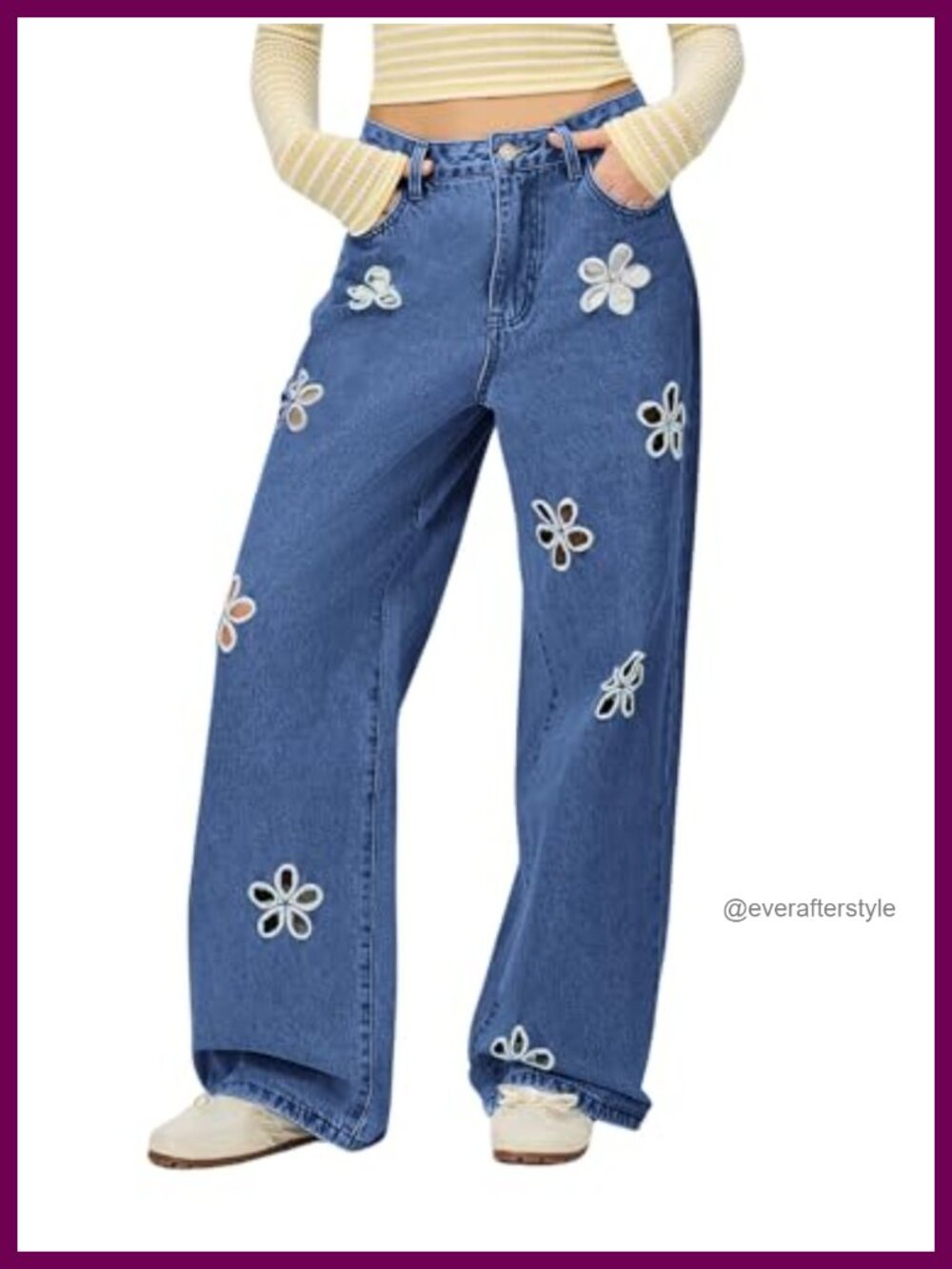 Women's Baggy Wide Leg Barrel Jeans Mid Rise Hollow Out Flower Denim Pants